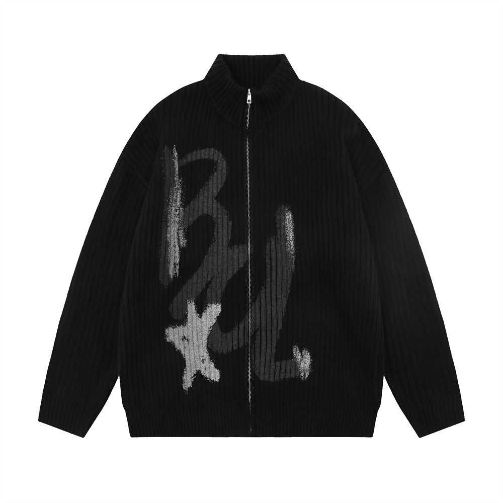 Alphabet Graffiti Print Stand Collar Sweater Coat Men's FallWinter Loose Mock Neck Knitted Cardigan