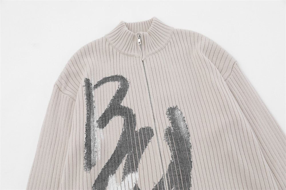 Alphabet Graffiti Print Stand Collar Sweater Coat Men's FallWinter Loose Mock Neck Knitted Cardigan