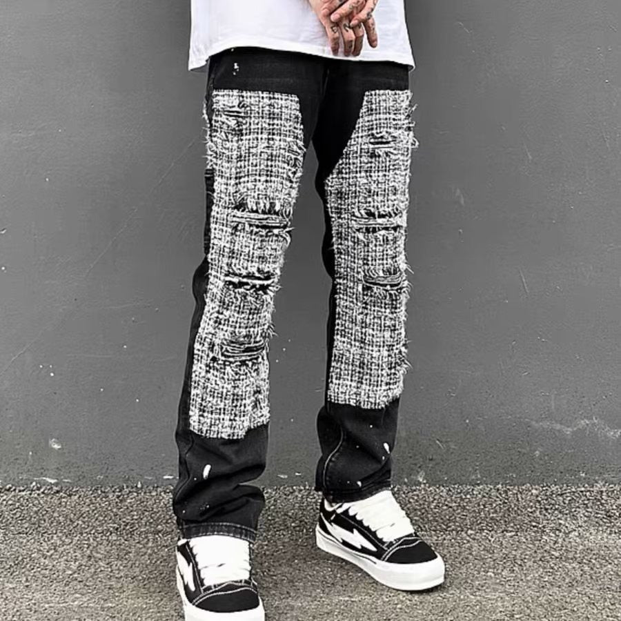 Black And White Plaid Stitching Ripped Jeans - NextthinkShop0CJXX198412303CX0