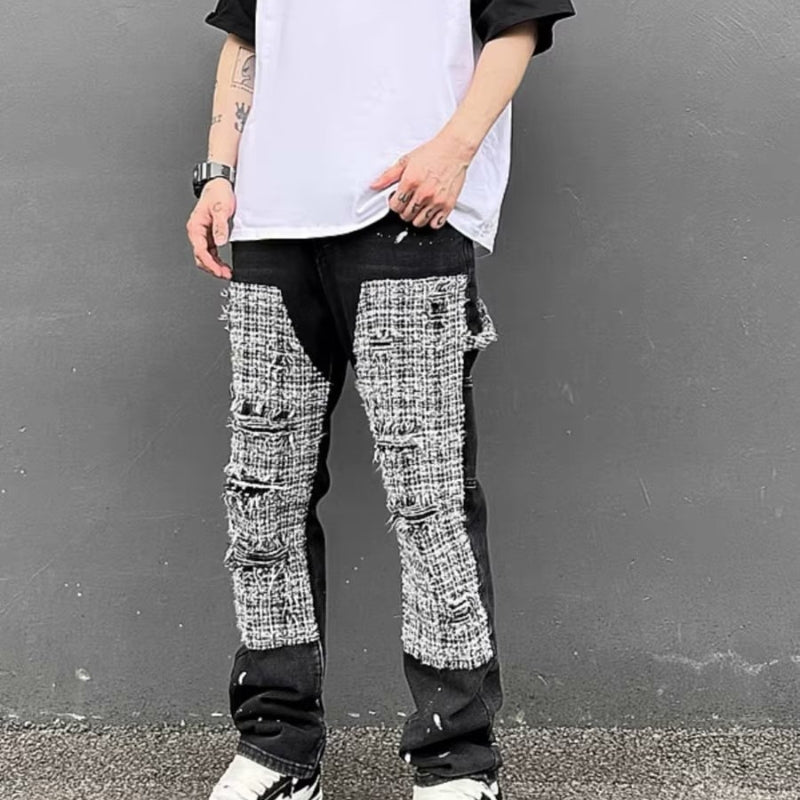 Black And White Plaid Stitching Ripped Jeans - NextthinkShop0CJXX198412303CX0