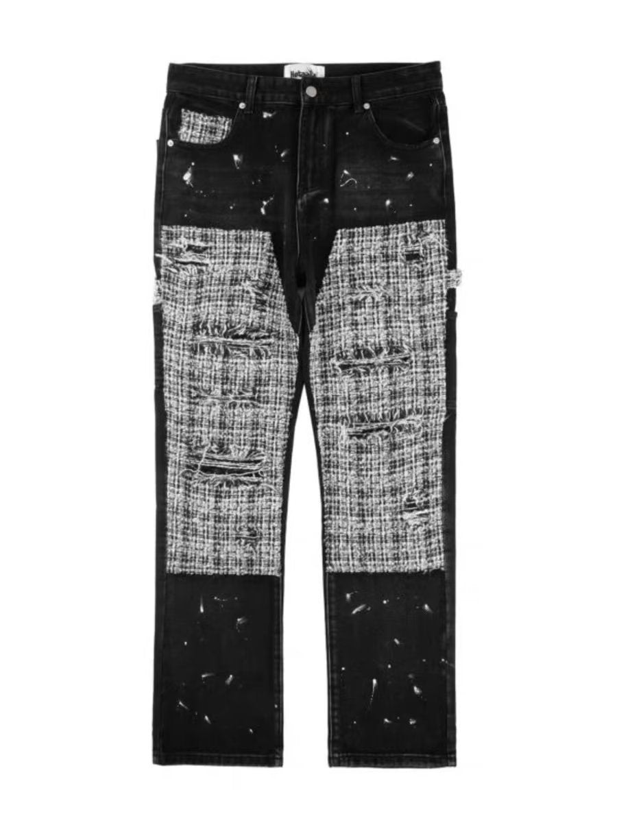 Black And White Plaid Stitching Ripped Jeans - NextthinkShop0CJXX198412303CX0