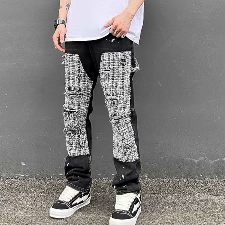 Black And White Plaid Stitching Ripped Jeans - NextthinkShop0CJXX198412303CX0