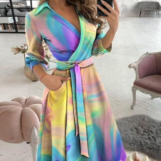 Fashion Long Sleeve V-neck Printed Dress - NextthinkShop0CJLY187302301AZ0