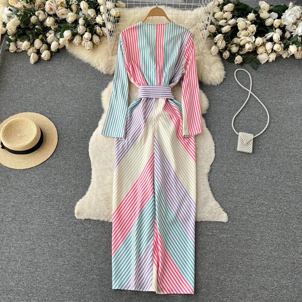 Nextthink Contrast Color Striped V-neck Dress - NextthinkShop0CJLY203152501AZ0