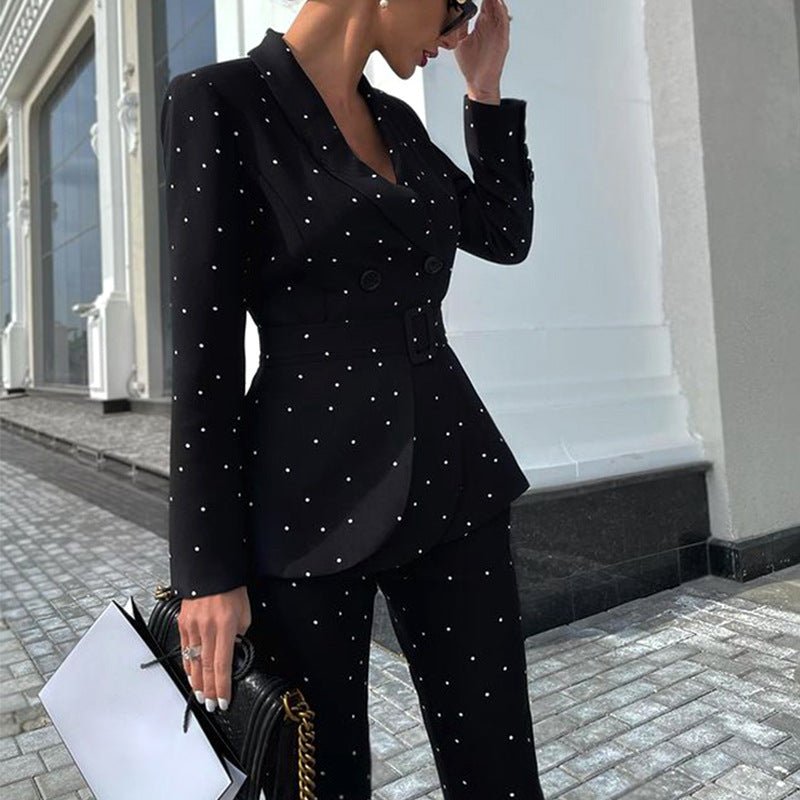 Women's Black Polka Dot Long Sleeve Two-piece Suit - NextthinkShop0CJLS186279905EV0