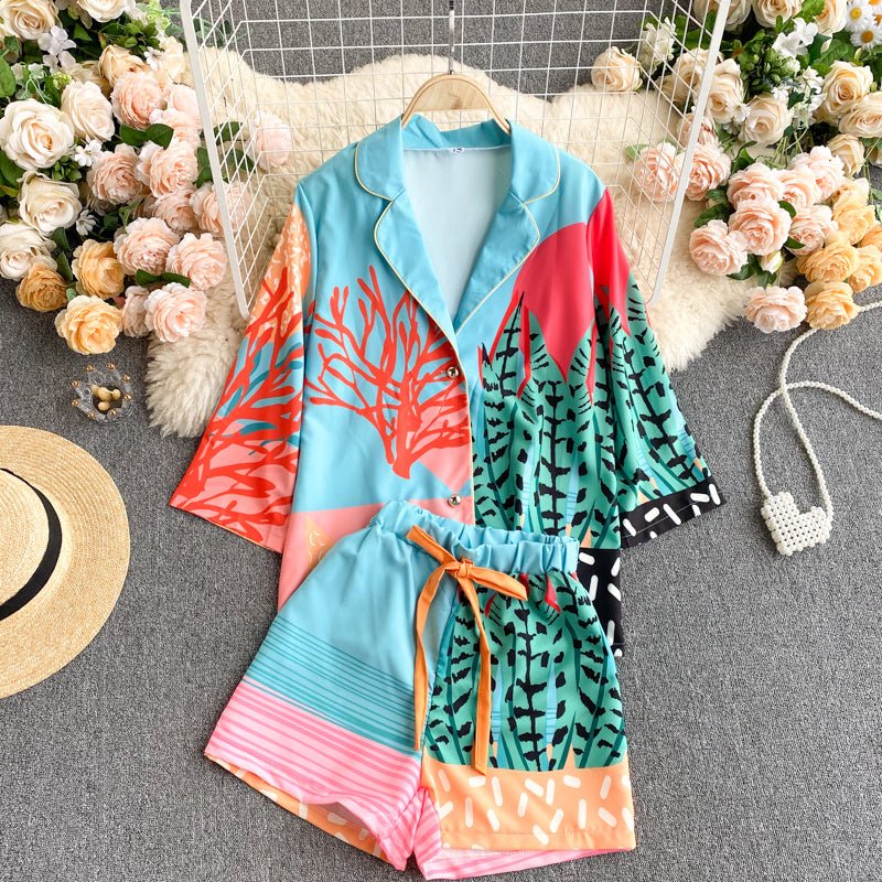 Women's Design Color Blocking Print Vacation Two-piece Set - NextthinkShop0CJTZ201333601AZ0