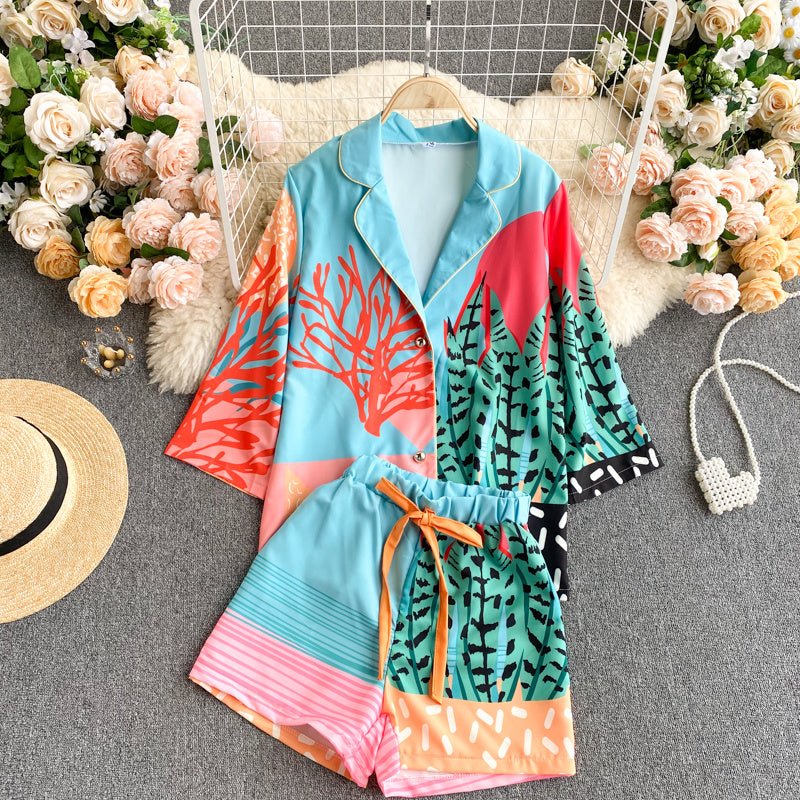 Women's Design Color Blocking Print Vacation Two-piece Set - NextthinkShop0CJTZ201333601AZ0