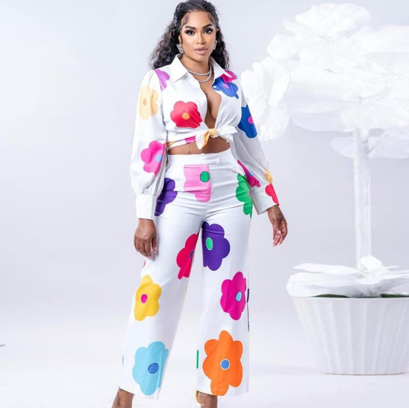 Women's Fashion Casual Digital Printed Flowers Blouse And Pants - NextthinkShop0CJLS186006103CX0