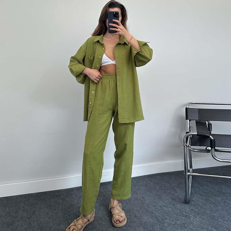 Women's Fashion Casual Solid Color Shirt And Trousers Two-piece Set - NextthinkShop0CJLS184525621UF0