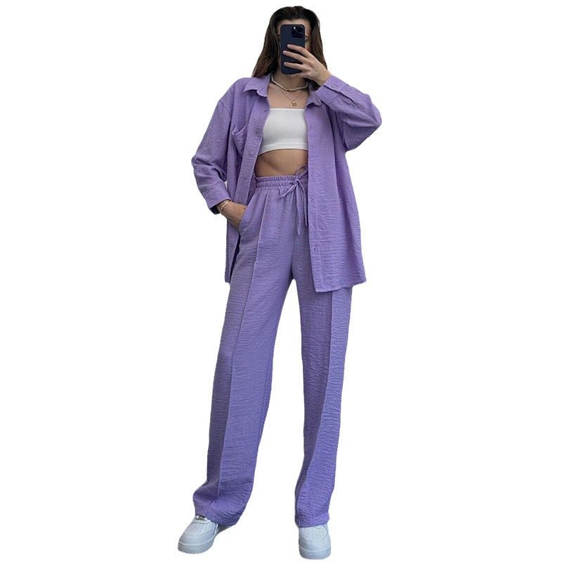 Women's Fashion Casual Solid Color Shirt And Trousers Two-piece Set - NextthinkShop0CJLS184525641OL0