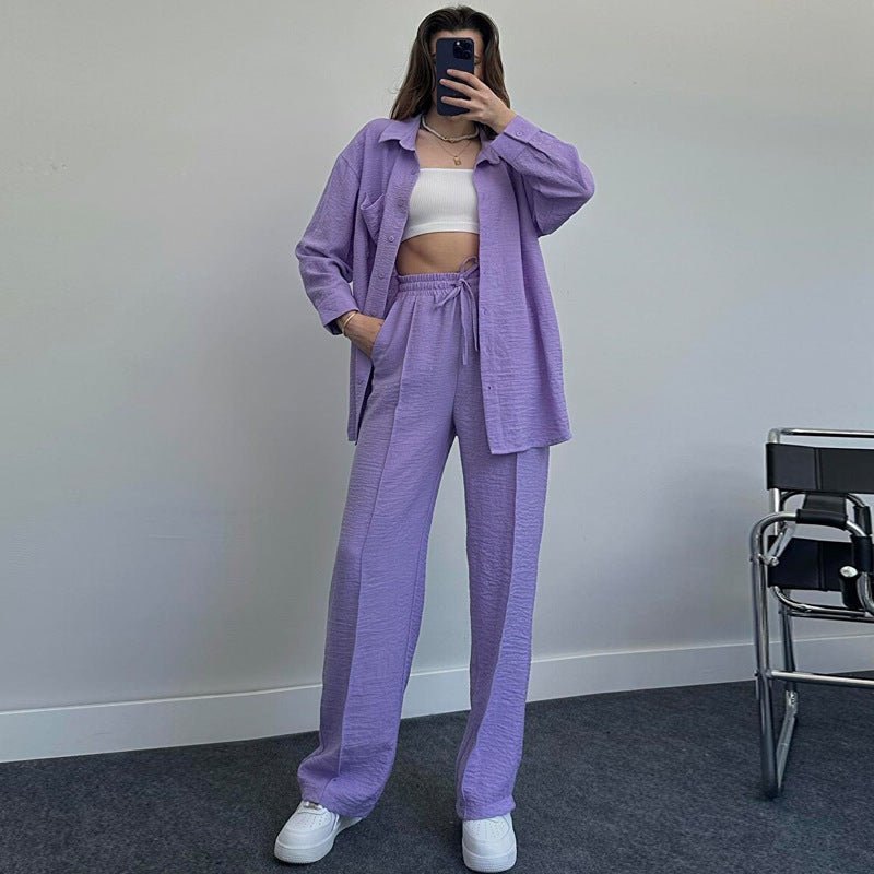 Women's Fashion Casual Solid Color Shirt And Trousers Two-piece Set - NextthinkShop0CJLS184525646TG0