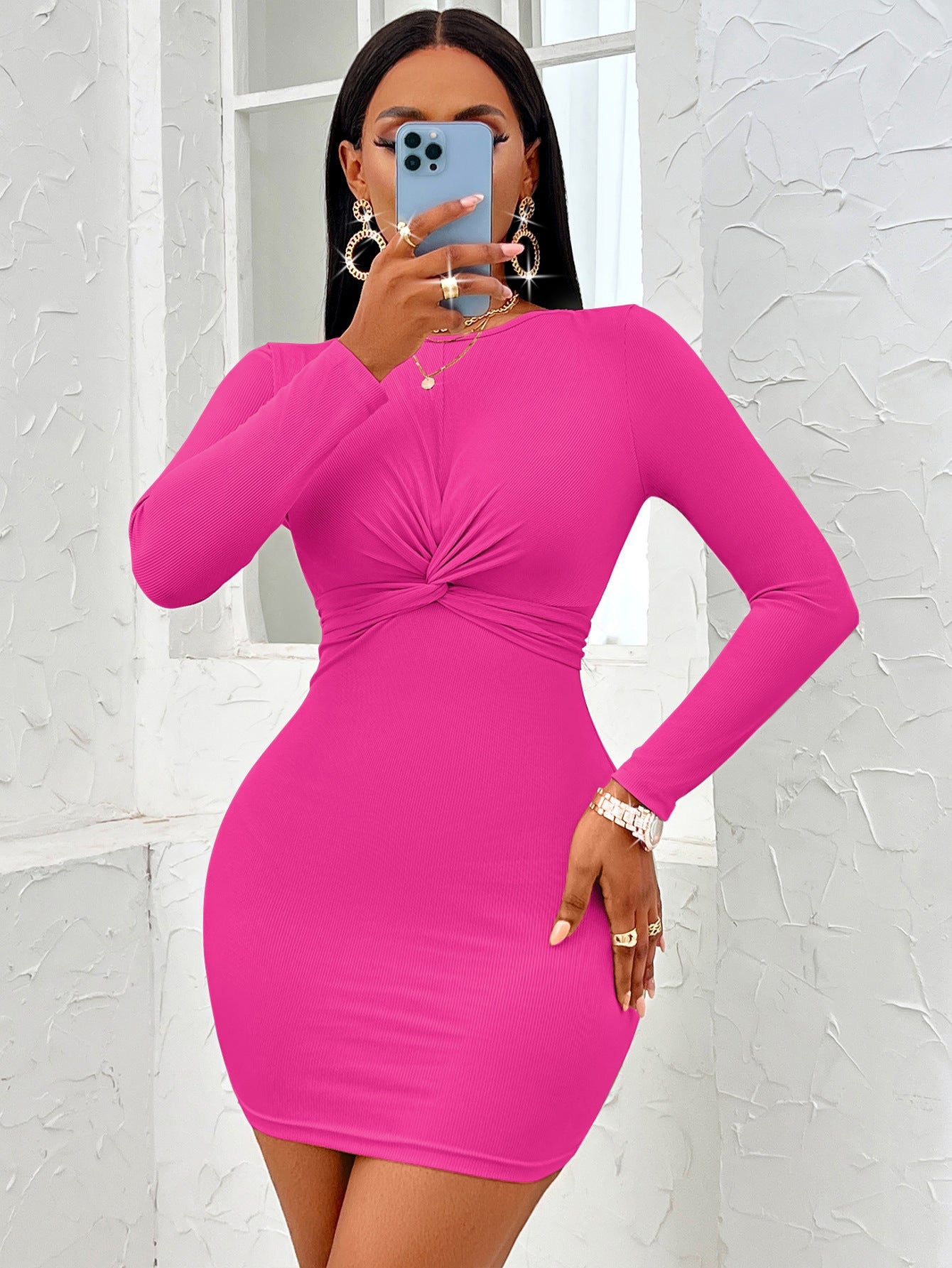Casual Solid Color Round Neck Twist Long Sleeve Dress - NextthinkShop