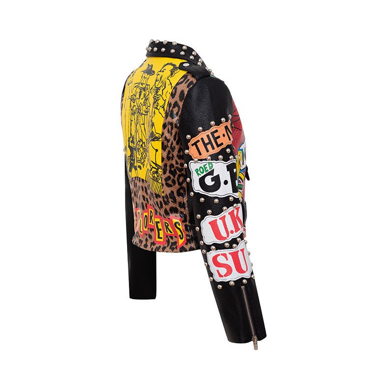 Chain Leather Jacket Printed Half Collar Stud Cropped Top Slim - NextthinkShop