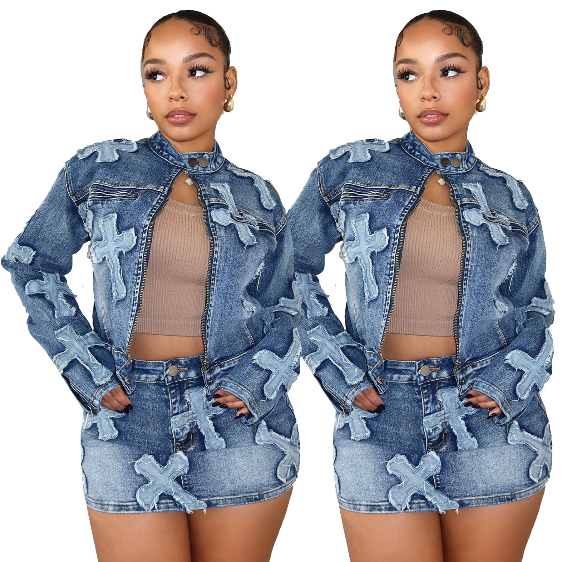 Denim Embroidered Short Skirt Jacket Suits Suit - NextthinkShopWomen's ClothCJLS190962103CXWomen's Cloth