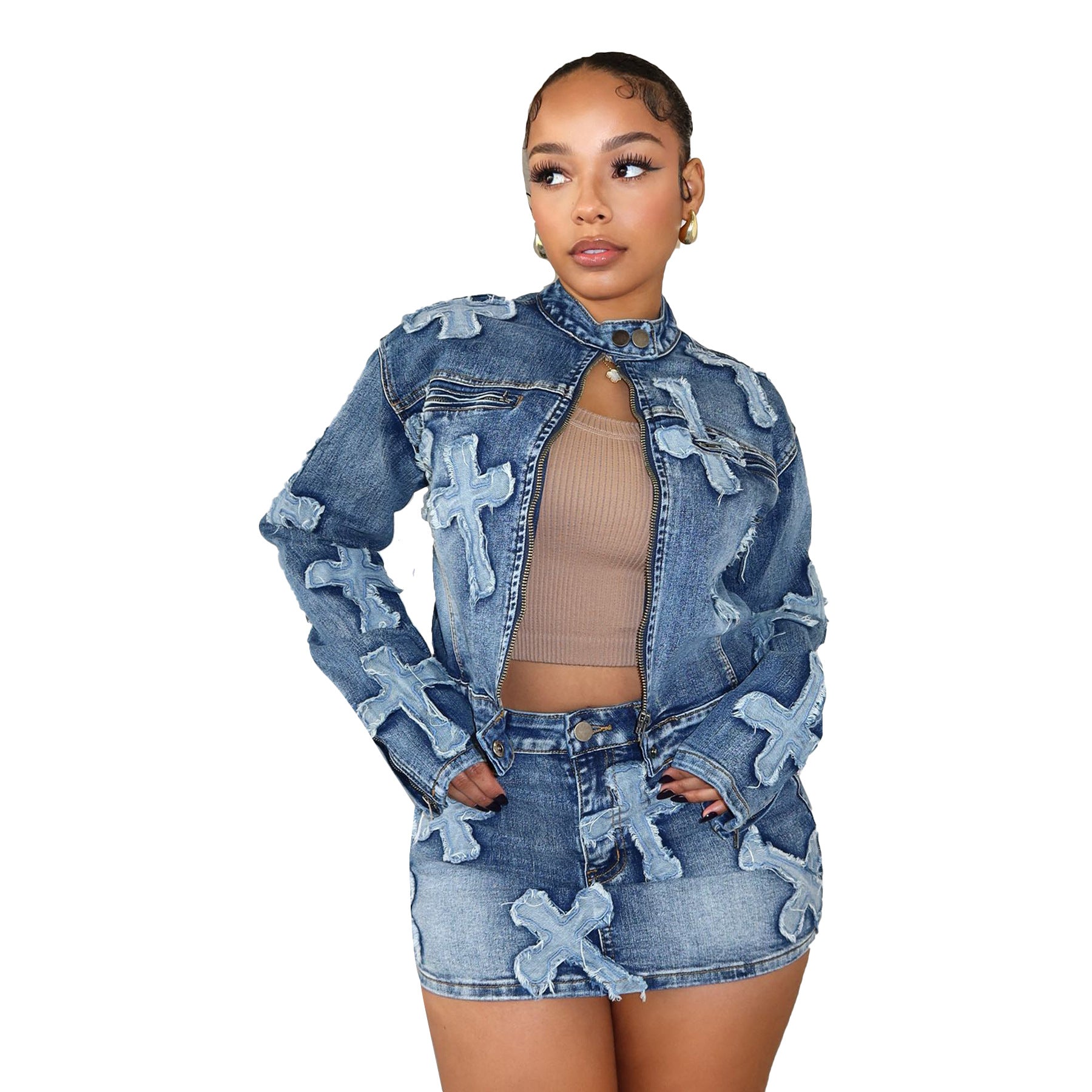 Denim Embroidered Short Skirt Jacket Suits Suit - NextthinkShopWomen's ClothCJLS190962103CXWomen's Cloth