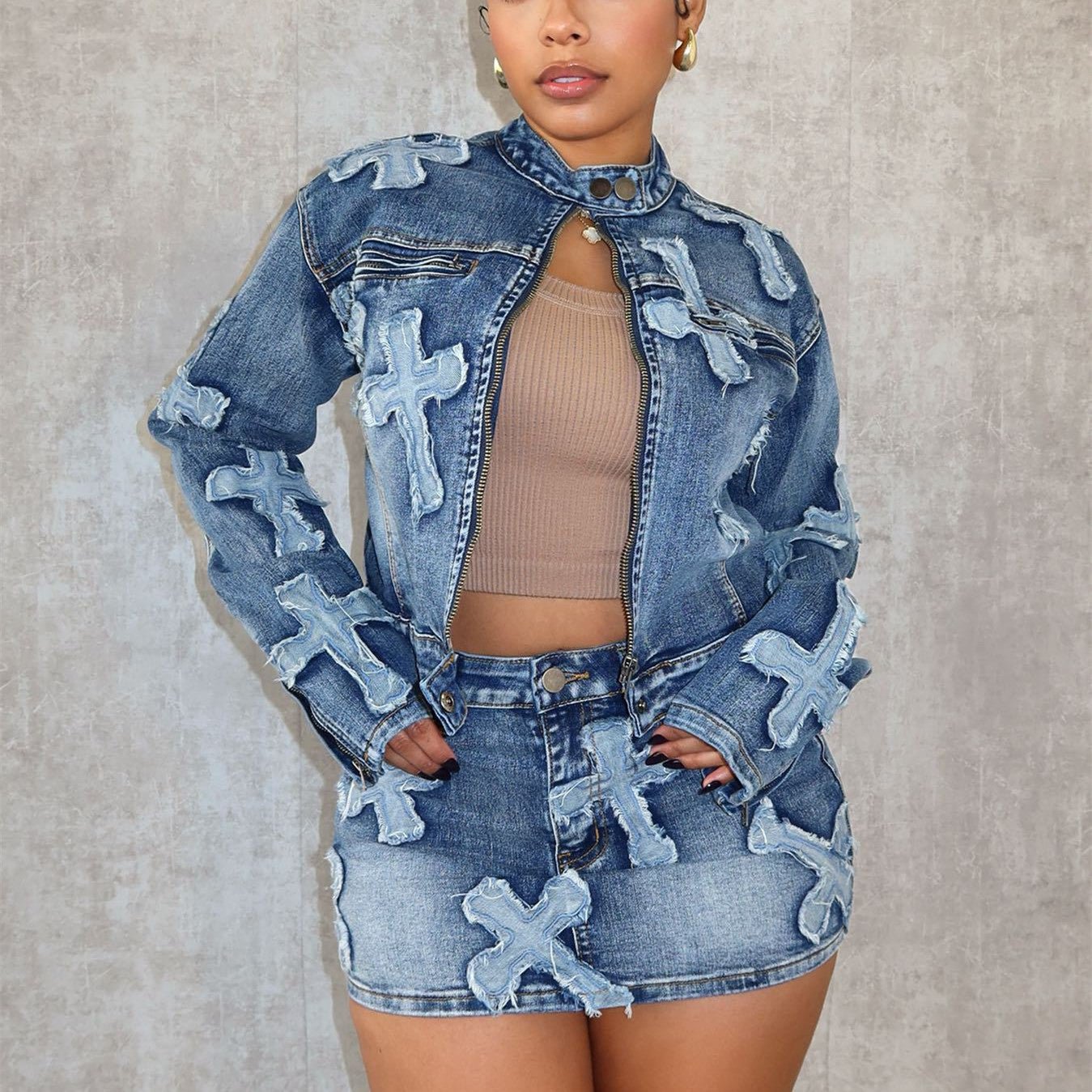 Denim Embroidered Short Skirt Jacket Suits Suit - NextthinkShopWomen's ClothCJLS190962103CXWomen's Cloth