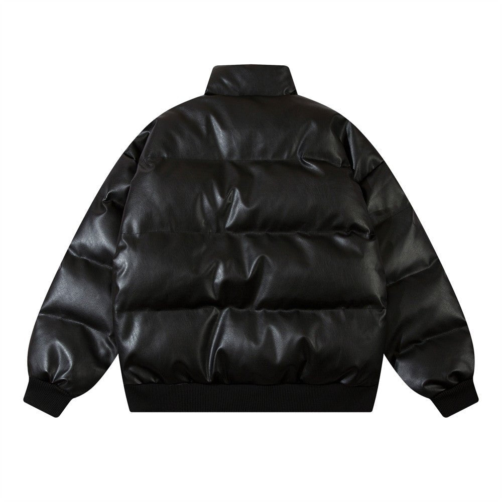 Gothic Letter Stand Collar PU Leather Coat Cotton-padded Jacket - NextthinkShop