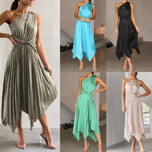 Lady Temperament Pure Color Folding Swing Dress - NextthinkShop