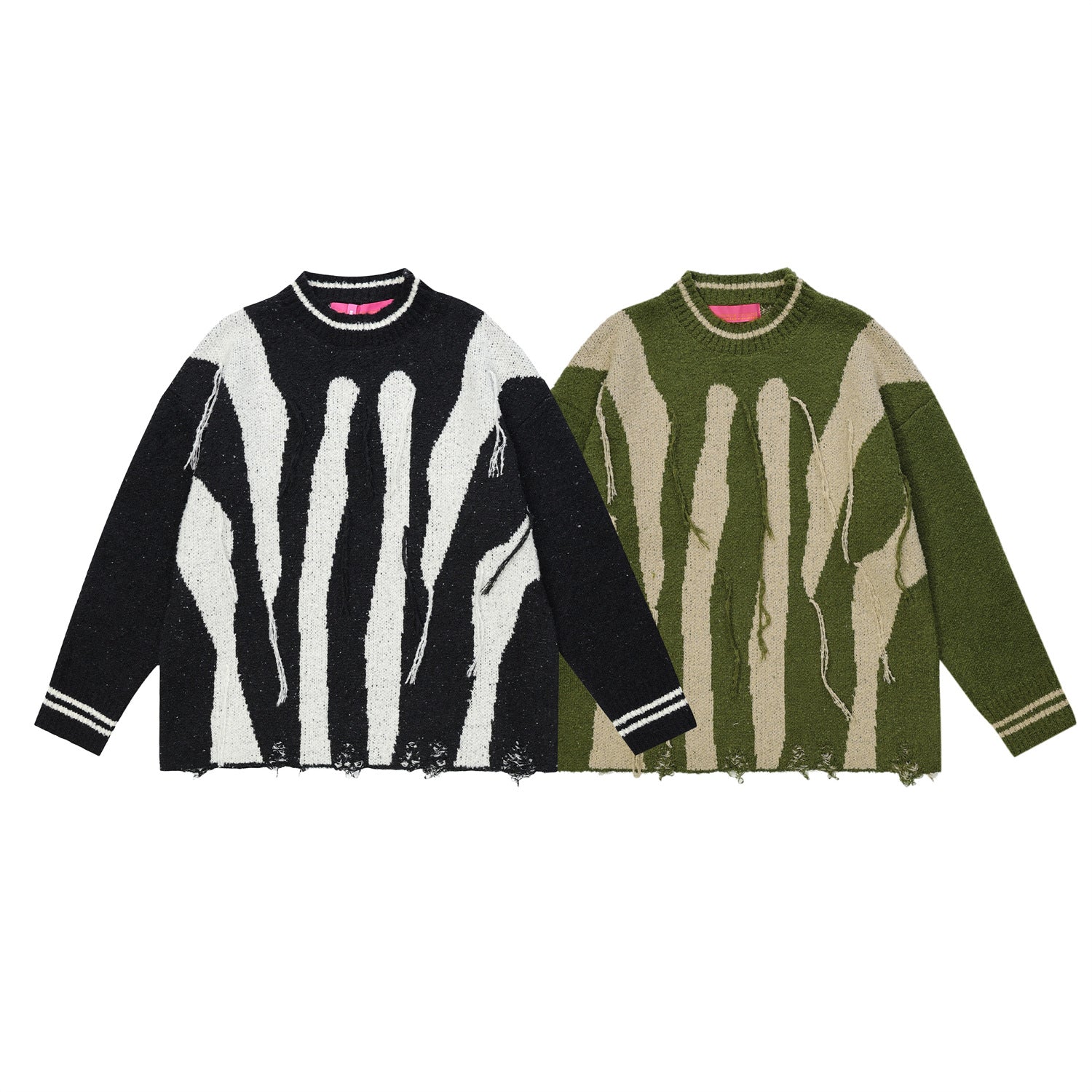 Loose Waste Soil Wind Hole Abstract Irregular Striped Tassel Sweater - NextthinkShop