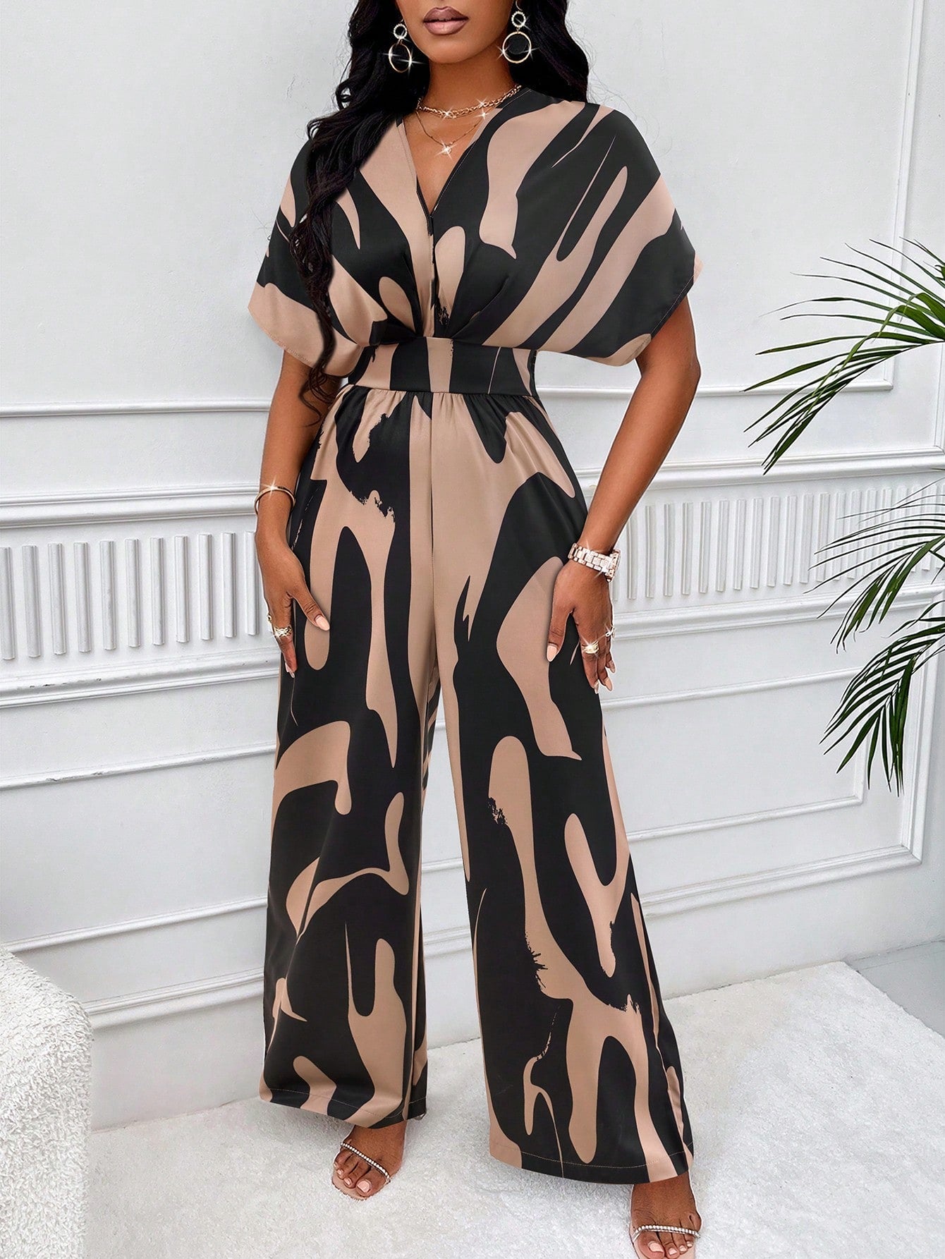 Nextthink Graphic Print Batwing Sleeve Wide Leg Jumpsuit - long sleeve wide leg black jumpsuit