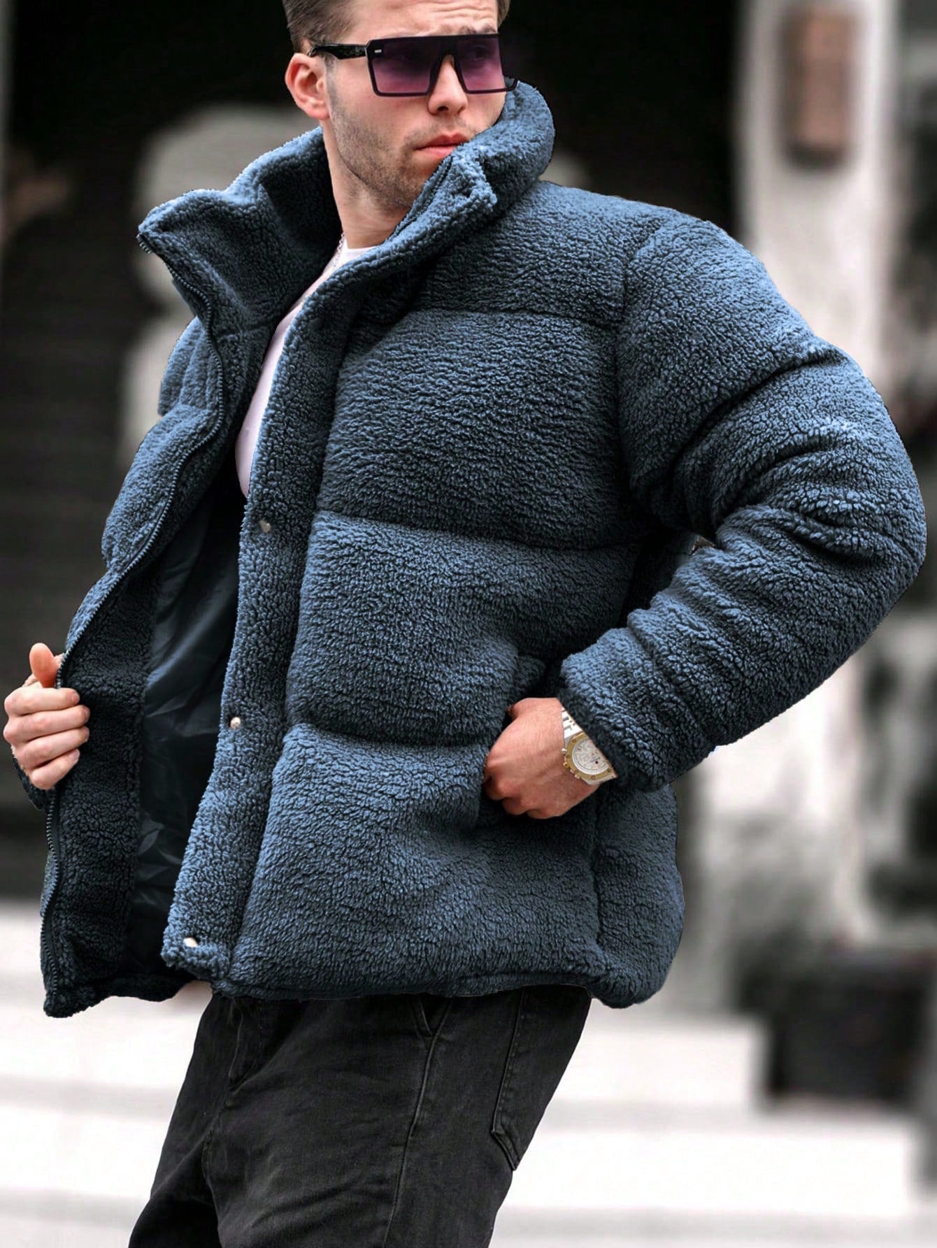 Nextthink Men's Solid Color Plush Winter Coat - NextthinkShopsm2311206296436978