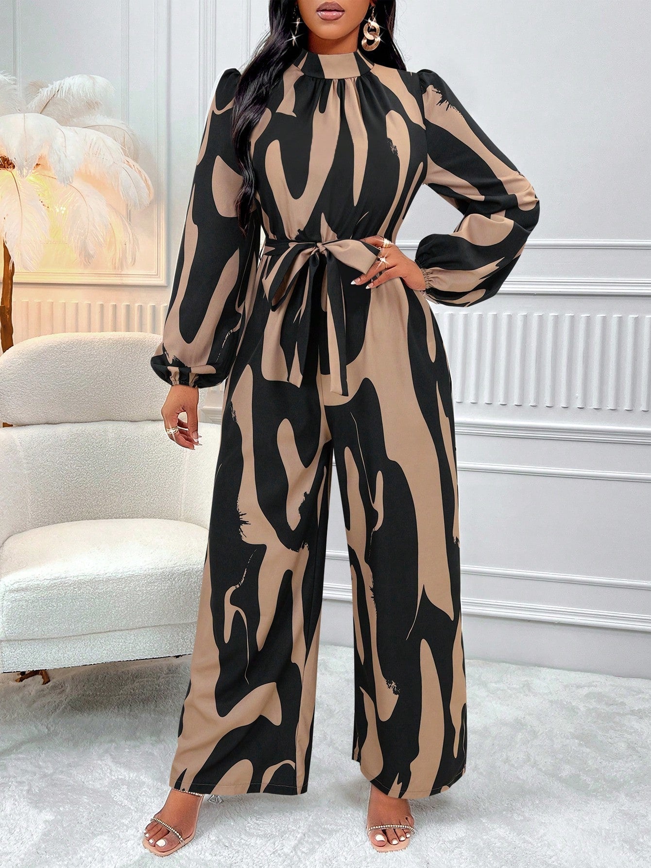 Nextthink Print Lantern Sleeve Belted Wide Leg Jumpsuit - NextthinkShopsz2308143623555815