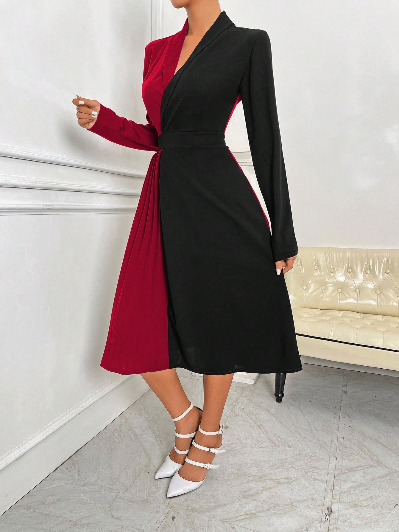 Nextthink Tone Shawl Collar Pleated Panel Dress - NextthinkShopsw2111185182115759