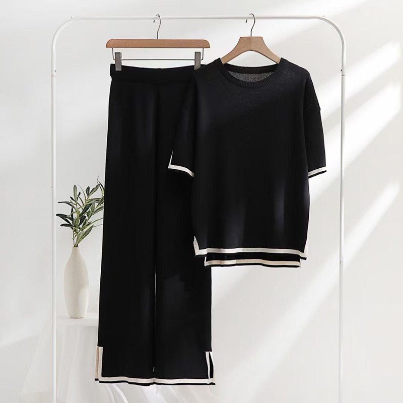 Patchwork Loose Sweater With Short Sleeves Top Split Trousers Knitting Suit - NextthinkShop