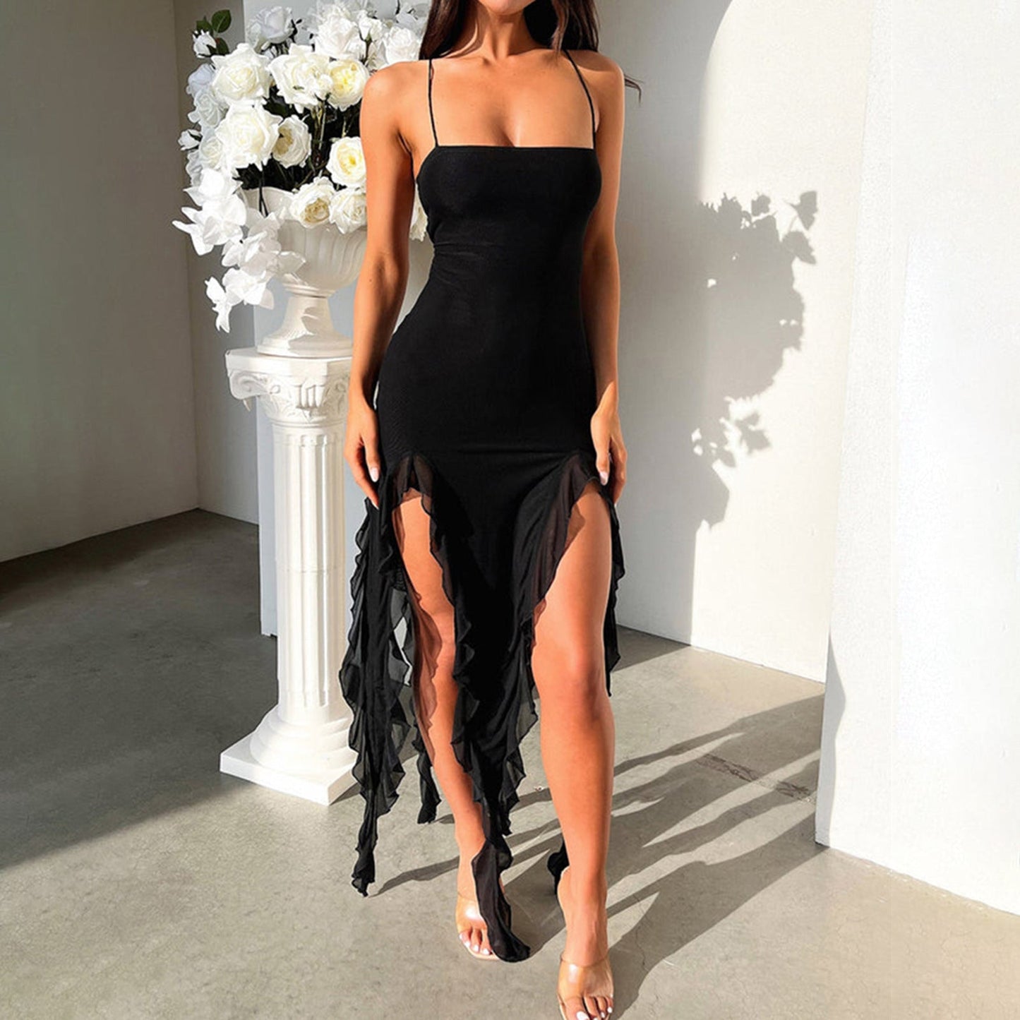 Sexy Suspender Tight Slim Skirt Fashion Split Ruffle Design Dress Summer Womens Clothing - NextthinkShop