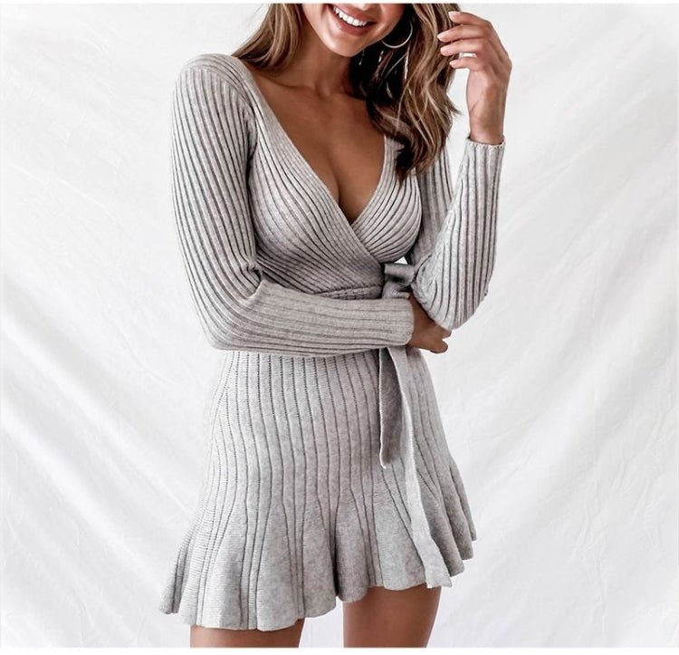 Sexy V Neck Knitted Dresses Women Long Sleeve - NextthinkShop