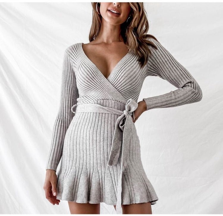 Sexy V Neck Knitted Dresses Women Long Sleeve - NextthinkShop