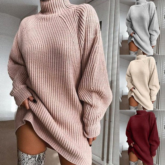 Solid Turtleneck Long Sweater Winter Warm Women Sweater Dress - NextthinkShop