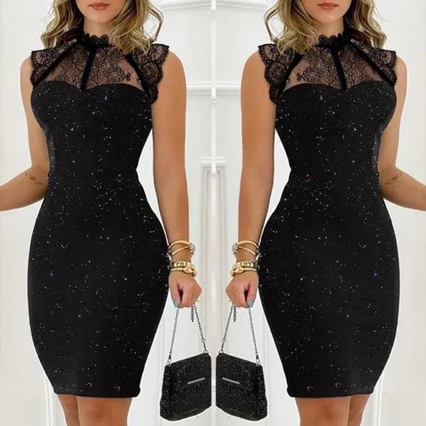 Women's Fashion Black Paillette Sleeveless Lace Short Tight Dress - NextthinkShop