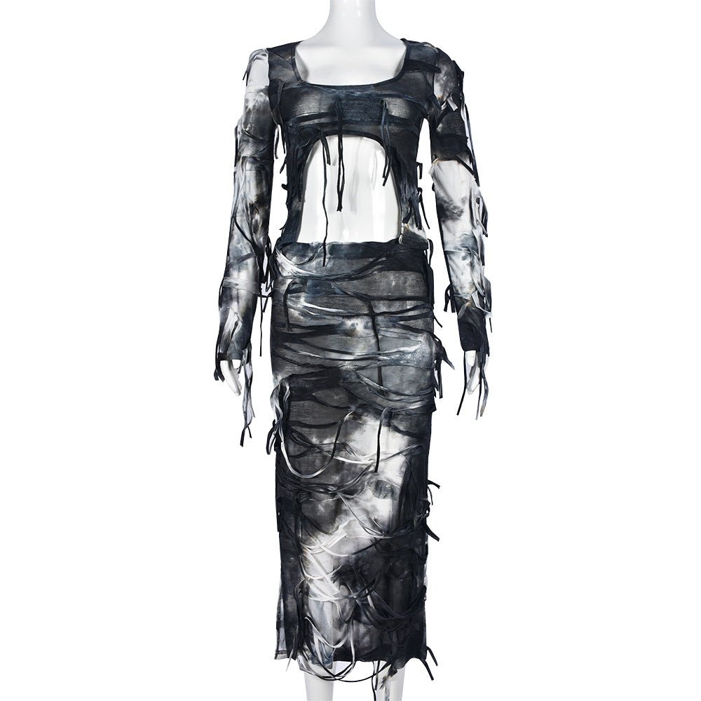 Women's Fashion Tie-dye Exposed Navel Tassel Dress Suit - NextthinkShop
